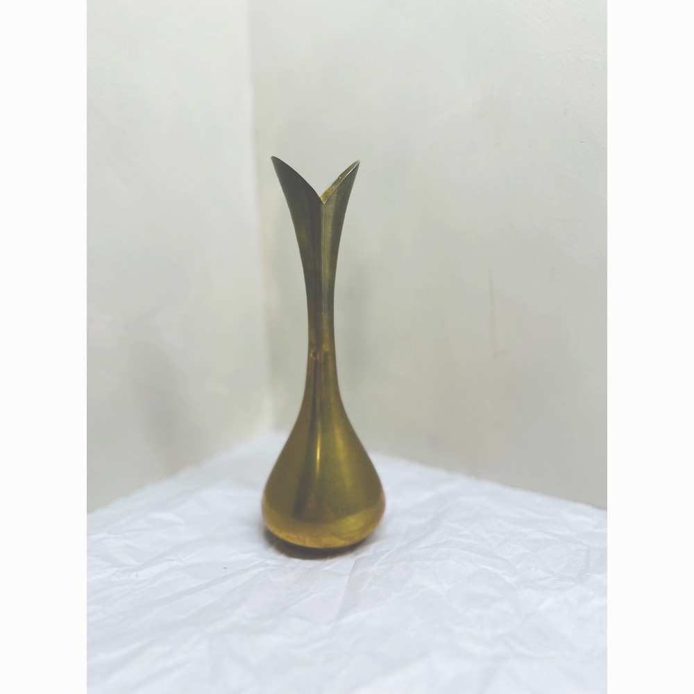 Vintage Brass Bud Vase Heart Shaped Rim Teardrop Base Made in India Decorative